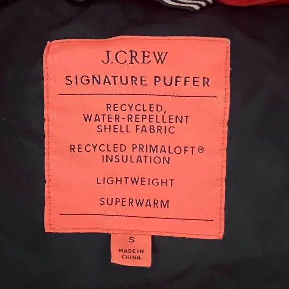 j.crew chateau puffer jacket with primaloft in brilliant sunset, size Small